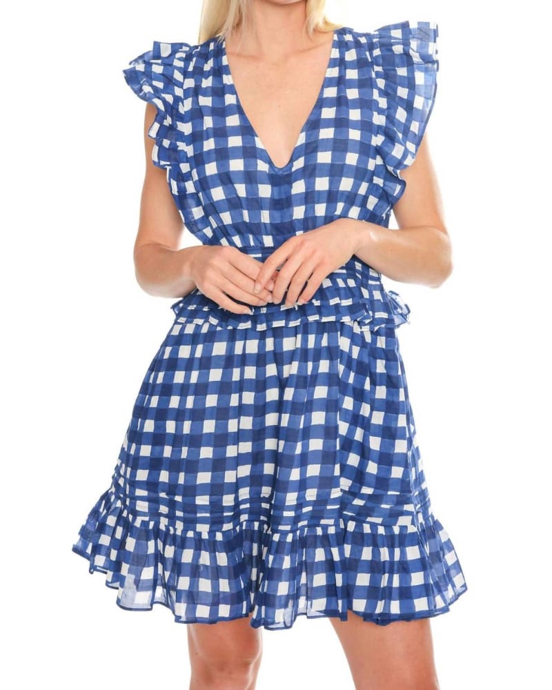 Front of a model wearing a size L Benny Mini Dress in Painterly Gingham in Painterly Gingham by Cleobella. | dia_product_style_image_id:339225